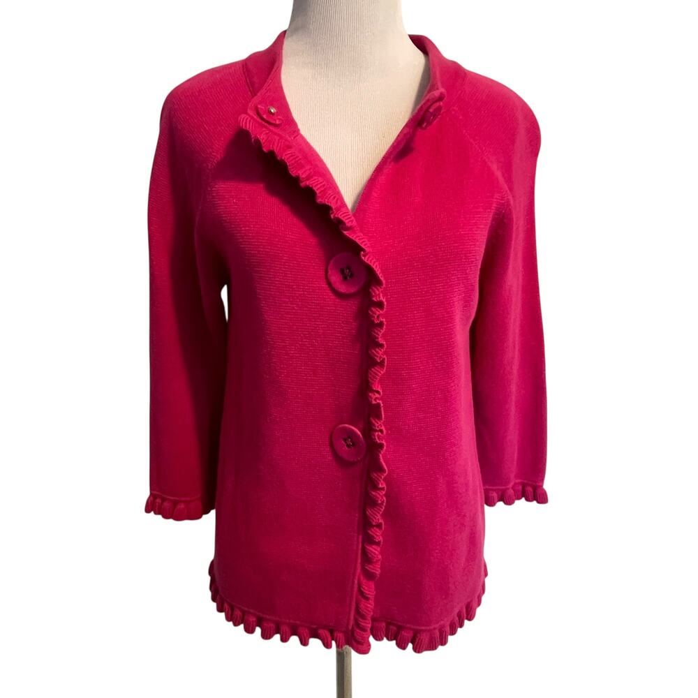 Boden Ruffled Snap Cardigan Womens Size 10 Fuchsia Pink Cotton Topper Sweater